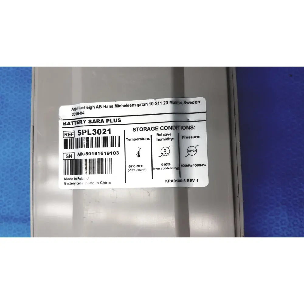 Silver metallic lead acid battery labeled battery sara plus with barcode for arjo huntleigh ab lead replacement part
