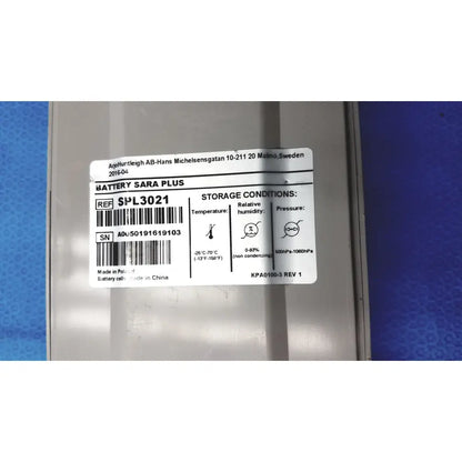 Silver metallic lead acid battery labeled battery sara plus with barcode for arjo huntleigh ab lead replacement part