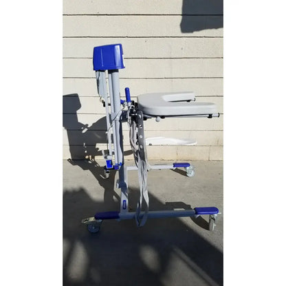 Arjo Huntleigh Power electric walker lift ambulatory support with blue and gray hydraulic lift chair and caster wheels