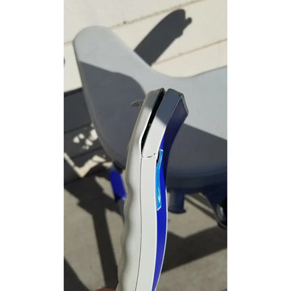White and blue plastic handled curved segmented tool for arjo huntleigh power electric walker ambulatory support device