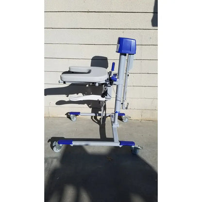 Blue and gray arjo huntleigh power electric walker lift with wheels adjustable for patient ambulatory support
