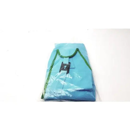 Light blue lightweight fabric arjo patient lift sling passive clip with green trim and black plastic tag for heavy duty use