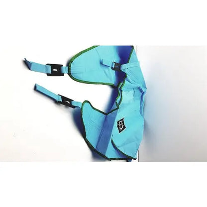 Light blue arjo patient lift sling with green trim and black plastic buckles designed for heavy duty patient lift use