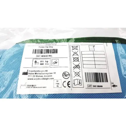 Blue mesh fabric arjo patient lift sling passive clip with white label showing care instructions and product details