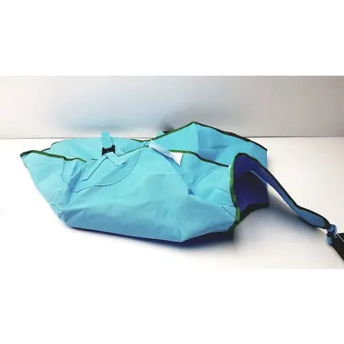 Light blue nylon arjo patient lift sling with green trim and purple interior lining for heavy duty passive lift use