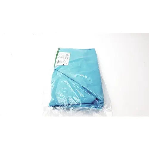 A light blue arjo patient lift sling passive clip heavy duty folded in clear plastic packaging with white label