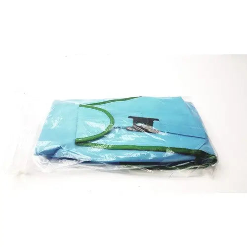 Light blue foldable beach umbrella with green handle and black metal frame shown with arjo patient lift sling passive clip heavy duty