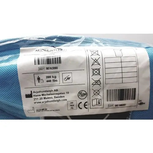 Blue fabric arjohuntleigh active sling mfa3000 with white care label designed for 200kg patient support