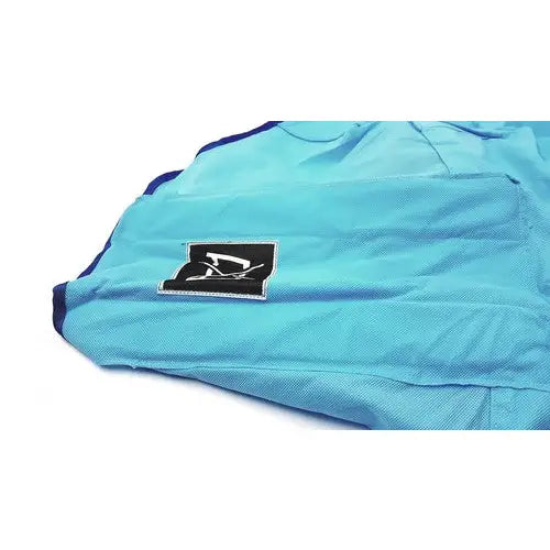Light blue mesh fabric shorts with black and white logo patch, shown with arjohuntleigh mfa1000m-l passive clip sling 600lbs