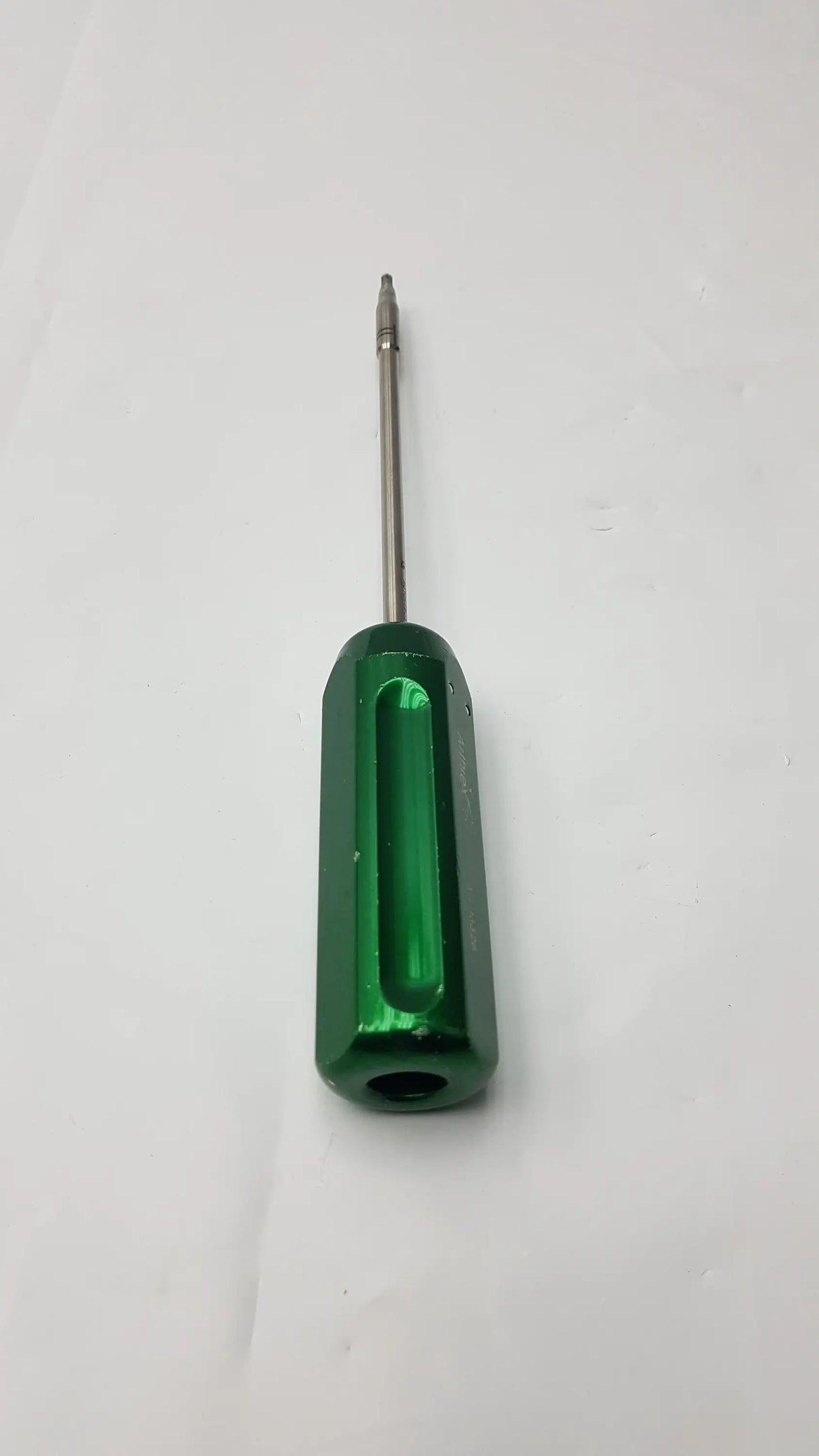 Arthrex AR-13326 green hexagonal-handled cannulated screwdriver with metallic shaft precision surgical instrument
