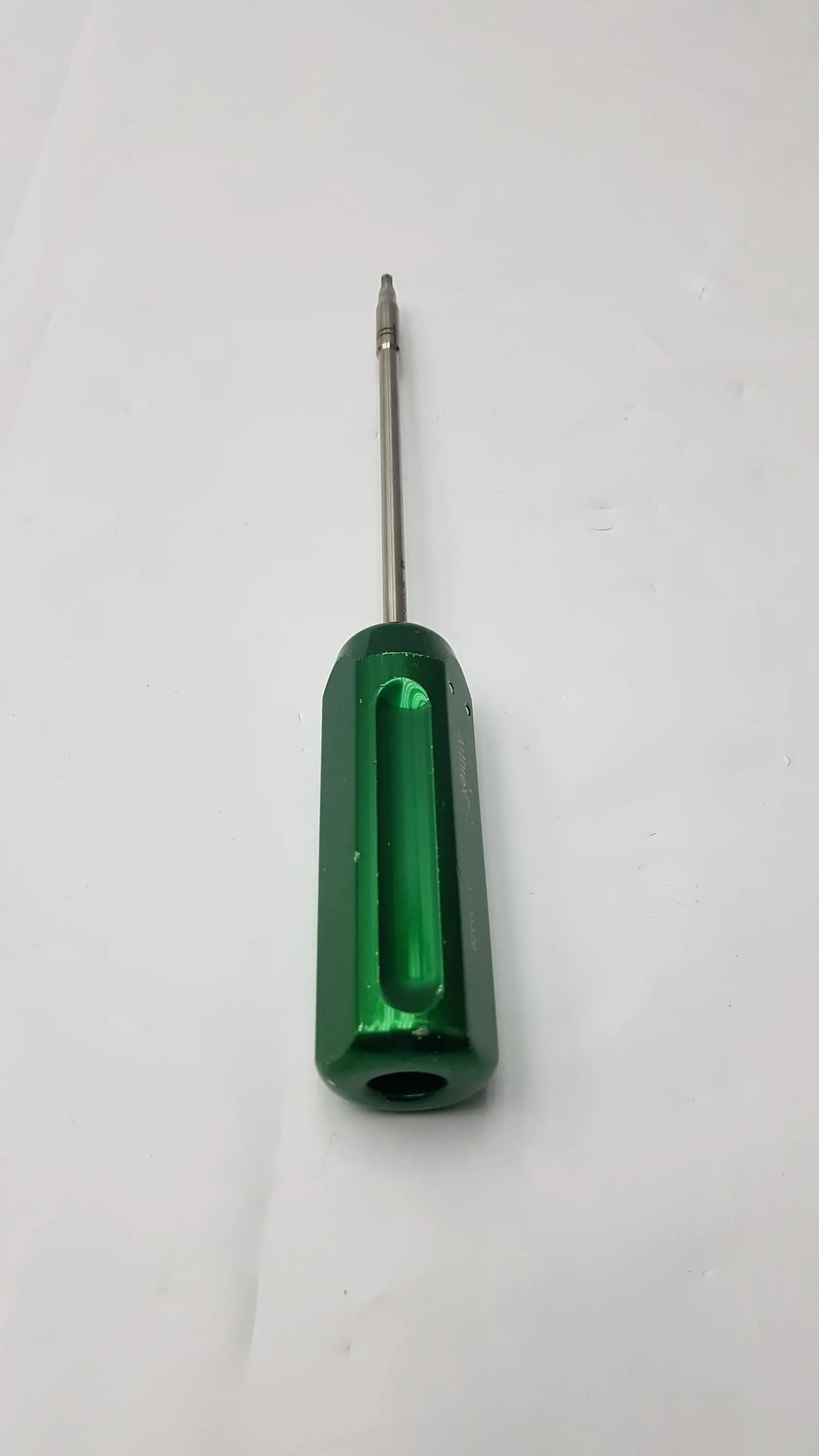 Arthrex AR-13326 green hexagonal-handled cannulated screwdriver with metallic shaft precision surgical instrument