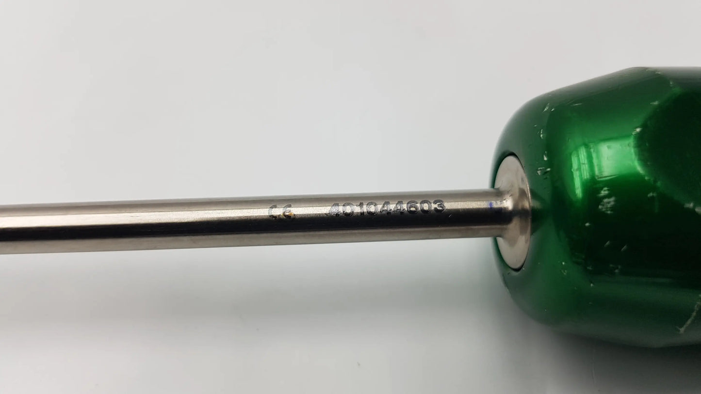 Arthrex AR-13326 green plastic-handled cannulated screwdriver with metallic shaft precision surgical instrument