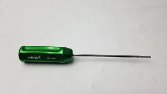 Green arthrex ar-1386 hex cannulated screwdriver with metallic shaft designed for precise surgical use