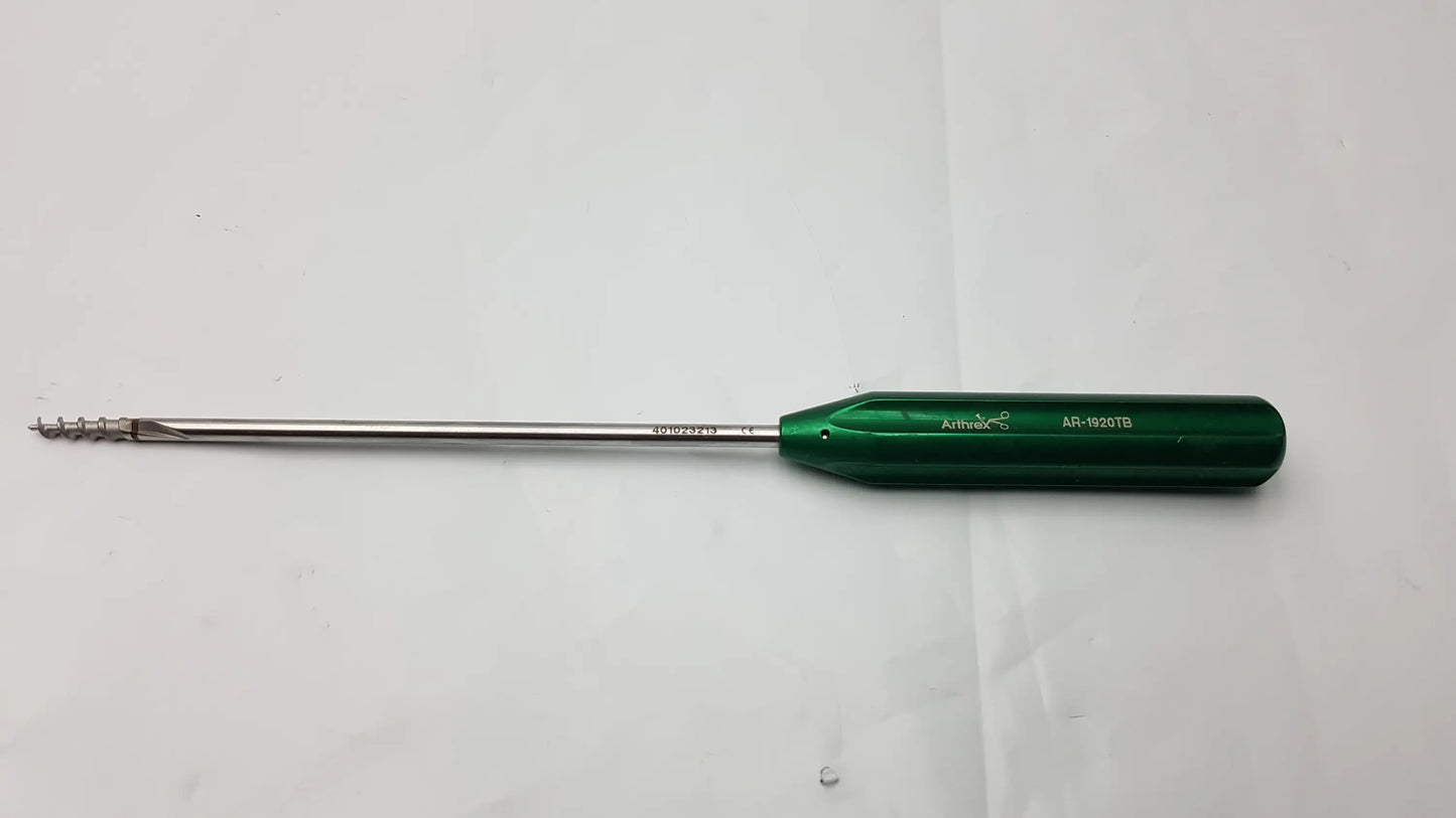 Arthrex ar-1920tb bio-corkscrew combo punch tap surgical instrument with green handle and metallic threaded tip