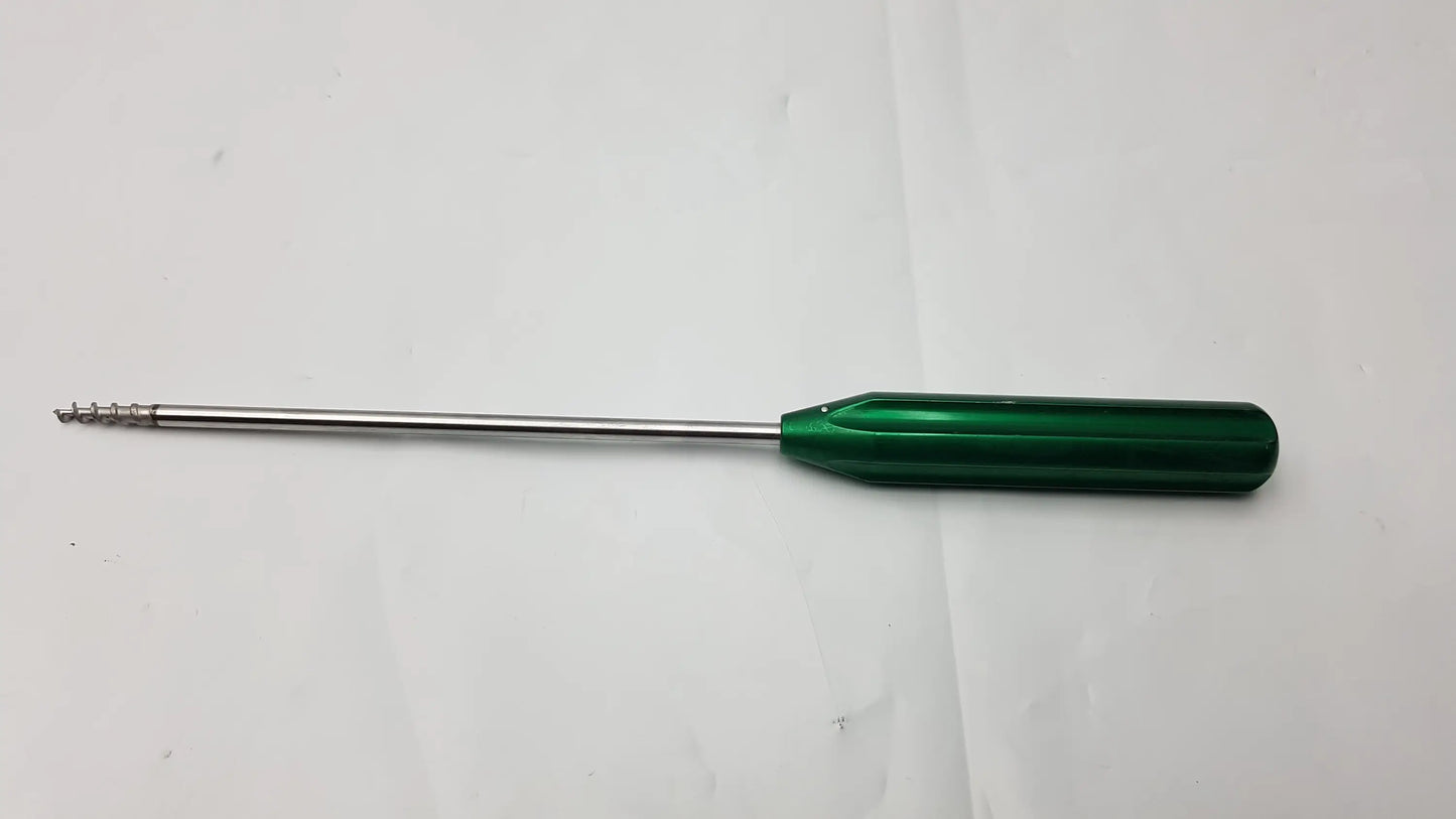Green-handled arthrex ar-1920tb bio-corkscrew combo punch tap surgical instrument with metallic shaft and threaded tip