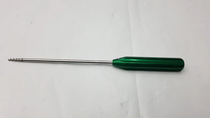 Green-handled arthrex ar-1920tb bio-corkscrew combo punch tap surgical instrument with metallic shaft and threaded tip