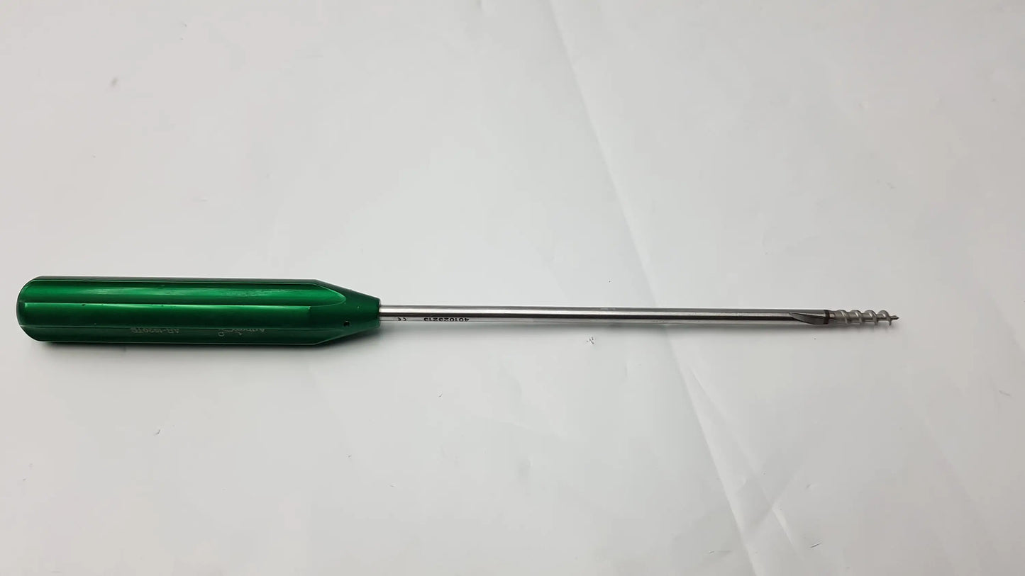 Green-handled arthrex ar-1920tb bio-corkscrew combo punch tap surgical instrument with metallic shaft and threaded tip