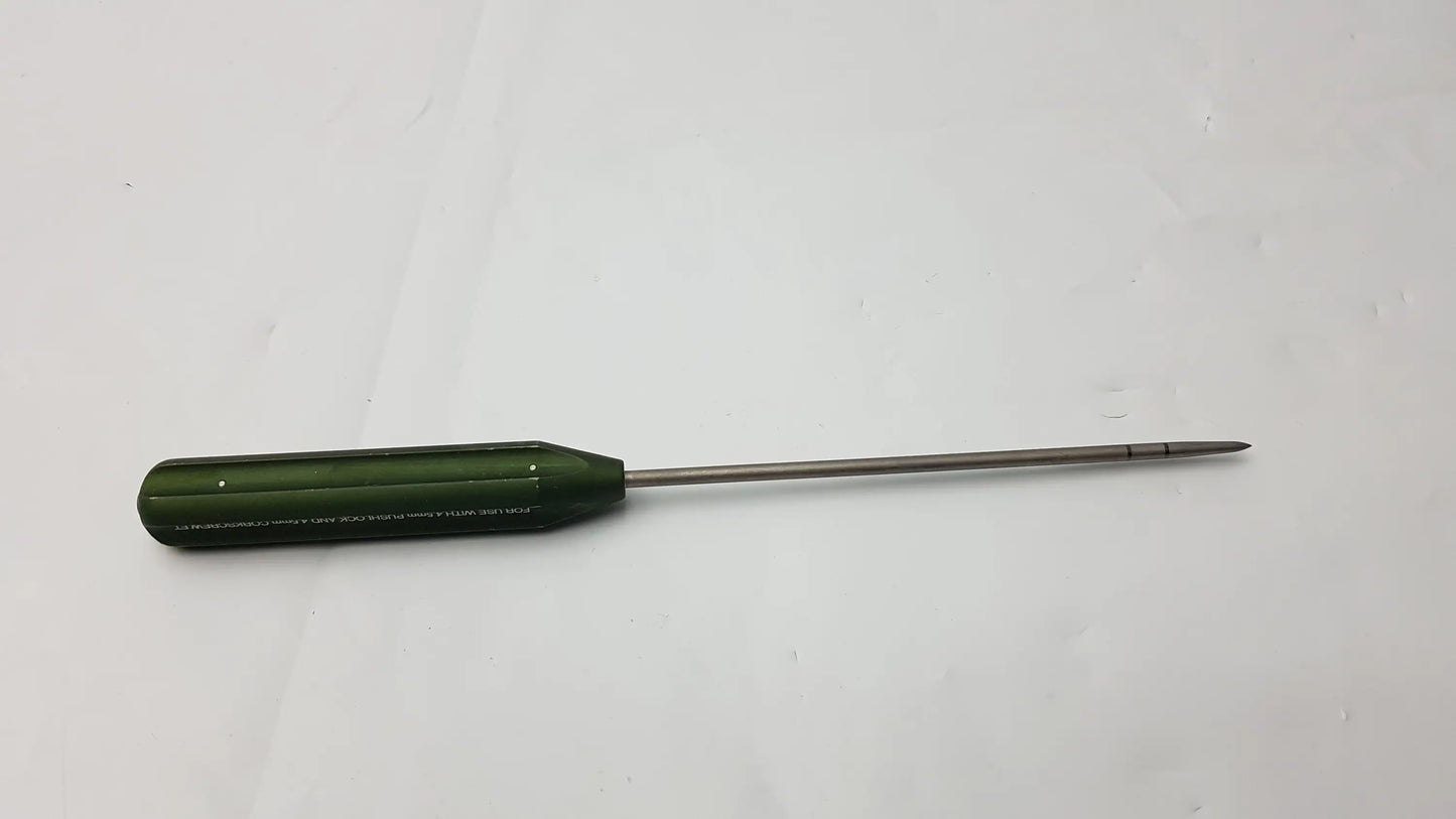 Green-handled ar-1922p surgical instrument with slender metallic shaft and pointed tip for corkscrew ft systems use