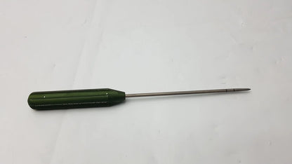 Green-handled ar-1922p surgical instrument with slender metallic shaft and pointed tip for corkscrew ft systems use