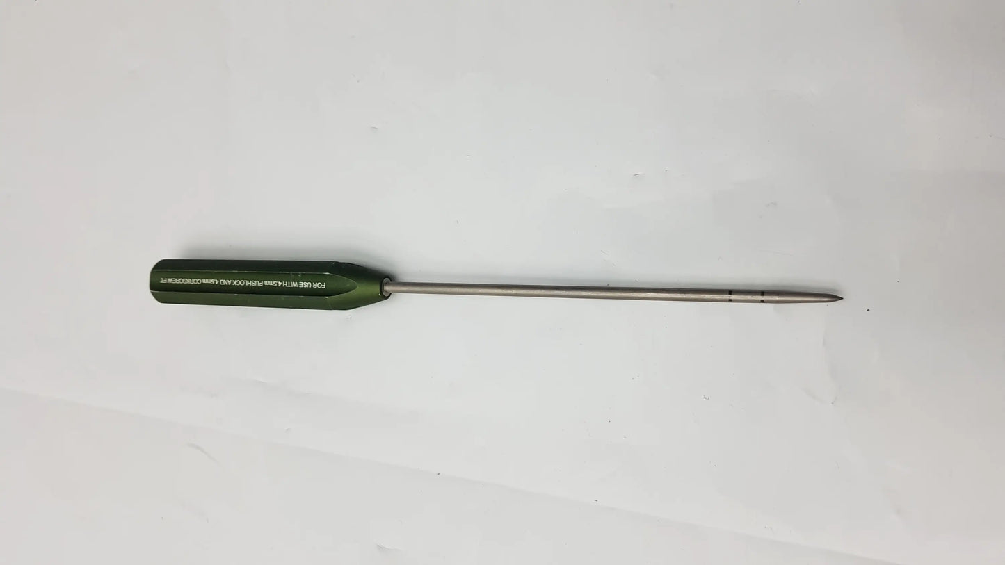 Green-handled ar-1922p surgical instrument with slender metallic shaft and pointed tip for corkscrew ft systems use