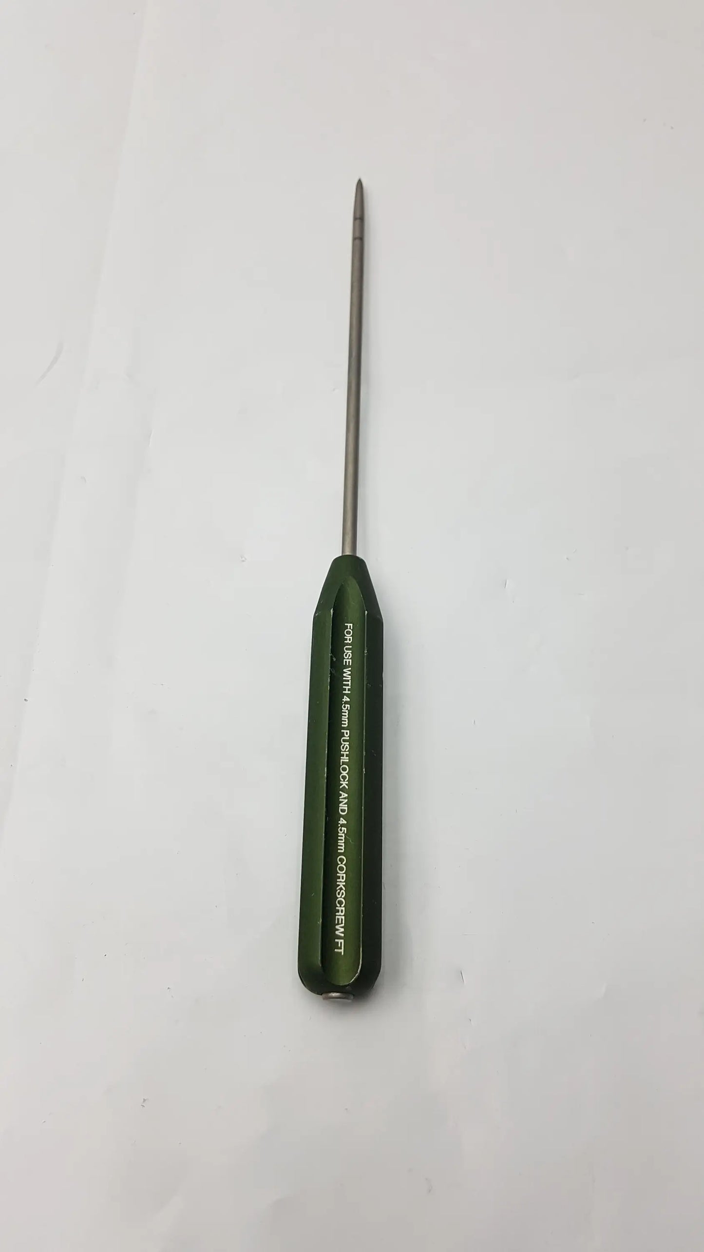 Green-handled ar-1922p surgical instrument with slender metallic shaft and precise tip for corkscrew ft systems use