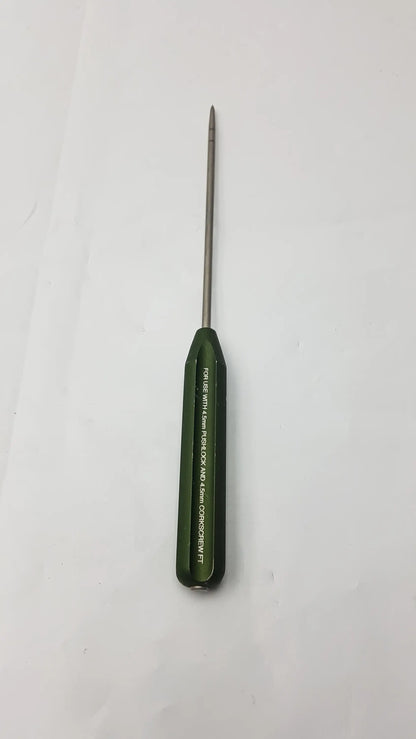 Green-handled ar-1922p surgical instrument with slender metallic shaft and precise tip for corkscrew ft systems use