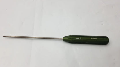 Green-handled ar-1922p surgical instrument with long slender metal shaft and pointed tip for corkscrew ft systems use