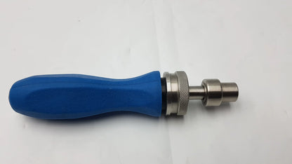 Blue ergonomic arthrex ratcheting screwdriver handle with metallic threaded shaft and knurled collar for surgical instruments