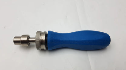 Blue ergonomic Arthrex ratcheting screwdriver handle with metallic adjustment knob and threaded shaft for surgical instruments