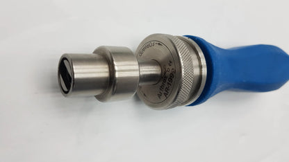Blue-handled stainless steel Arthrex ratcheting screwdriver handle with engraved markings for surgical instrument use