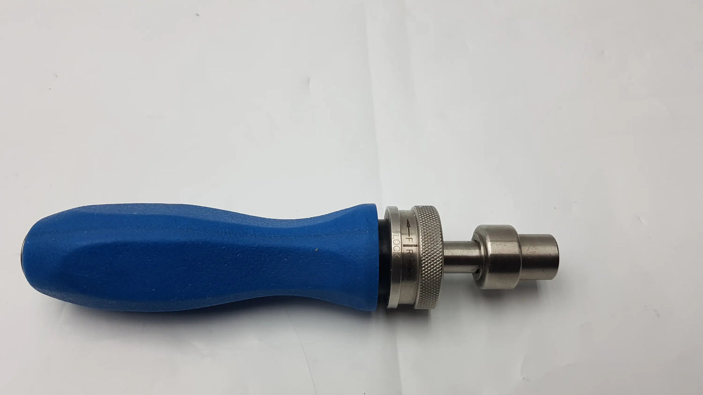 Blue plastic handled arthrex ratcheting screwdriver handle with metallic threaded shaft and knurled adjustment collar surgical instrument