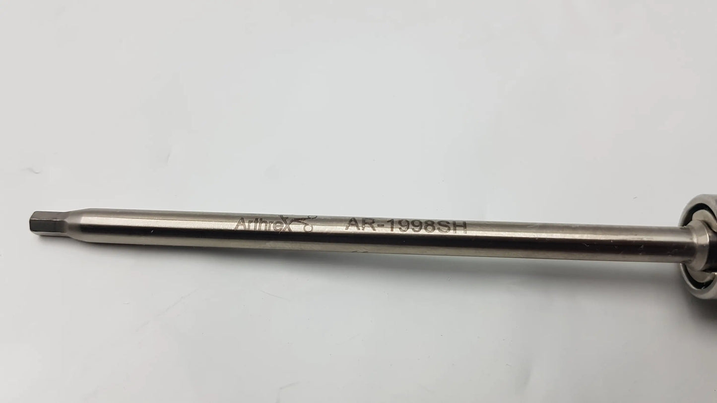Silver metallic arthrex ar-1998sh surgical drill bit with hexagonal drive and ball bearing for arthrex ar-2001bt tear drop handle