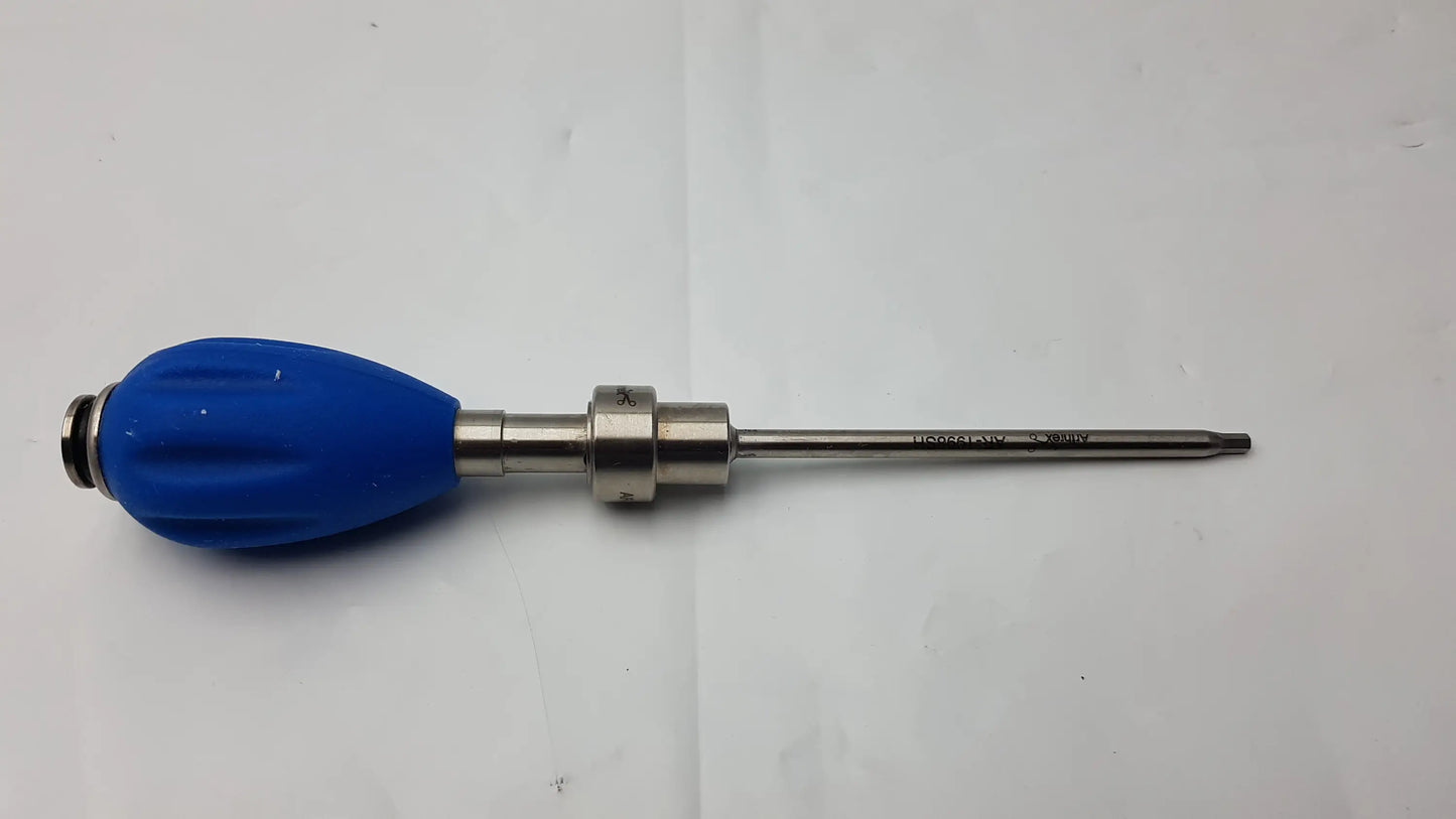 Arthrex AR-2001BT surgical drill with blue rubber tear drop handle and metallic shaft and tip for precision use