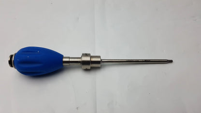 Arthrex AR-2001BT surgical drill with blue rubber tear drop handle and metallic shaft and tip for precision use