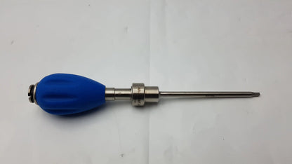 Blue rubber-handled surgical instrument with metallic shaft featuring arthrex ar-2001bt tear drop handle design