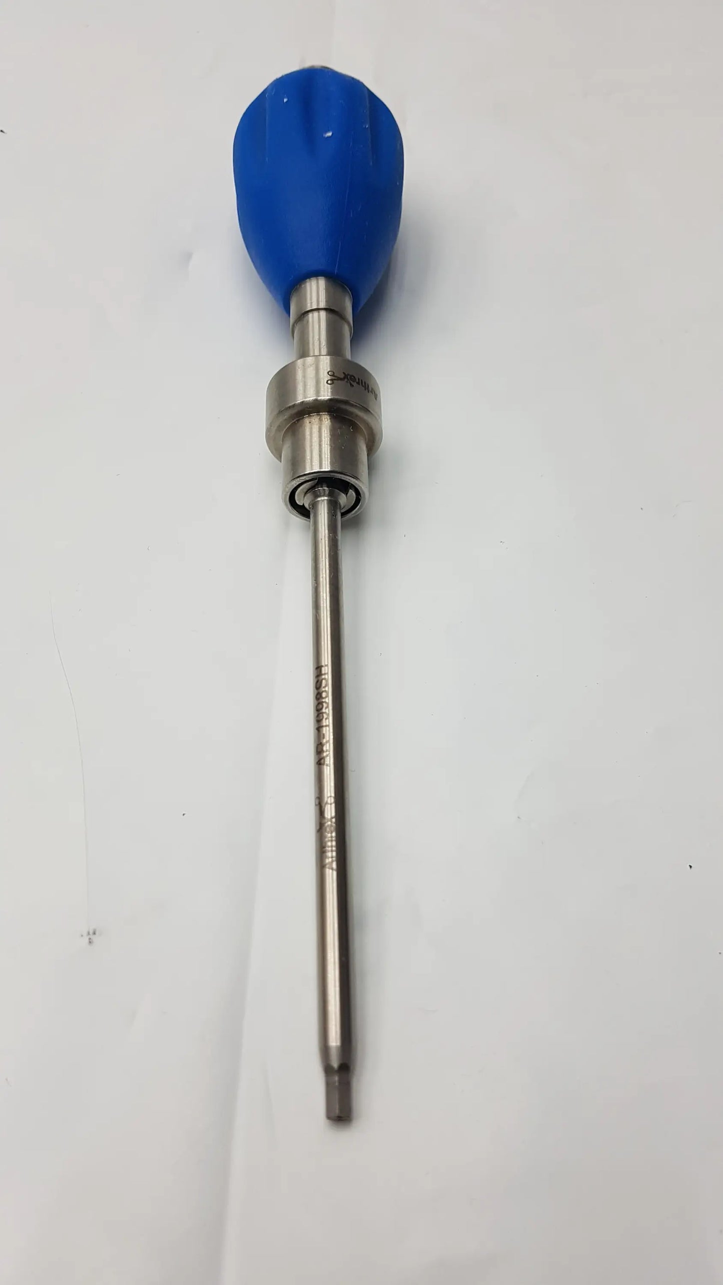 Blue ergonomic Arthrex AR-2001BT tear drop handle with engraved markings on stainless steel surgical instrument