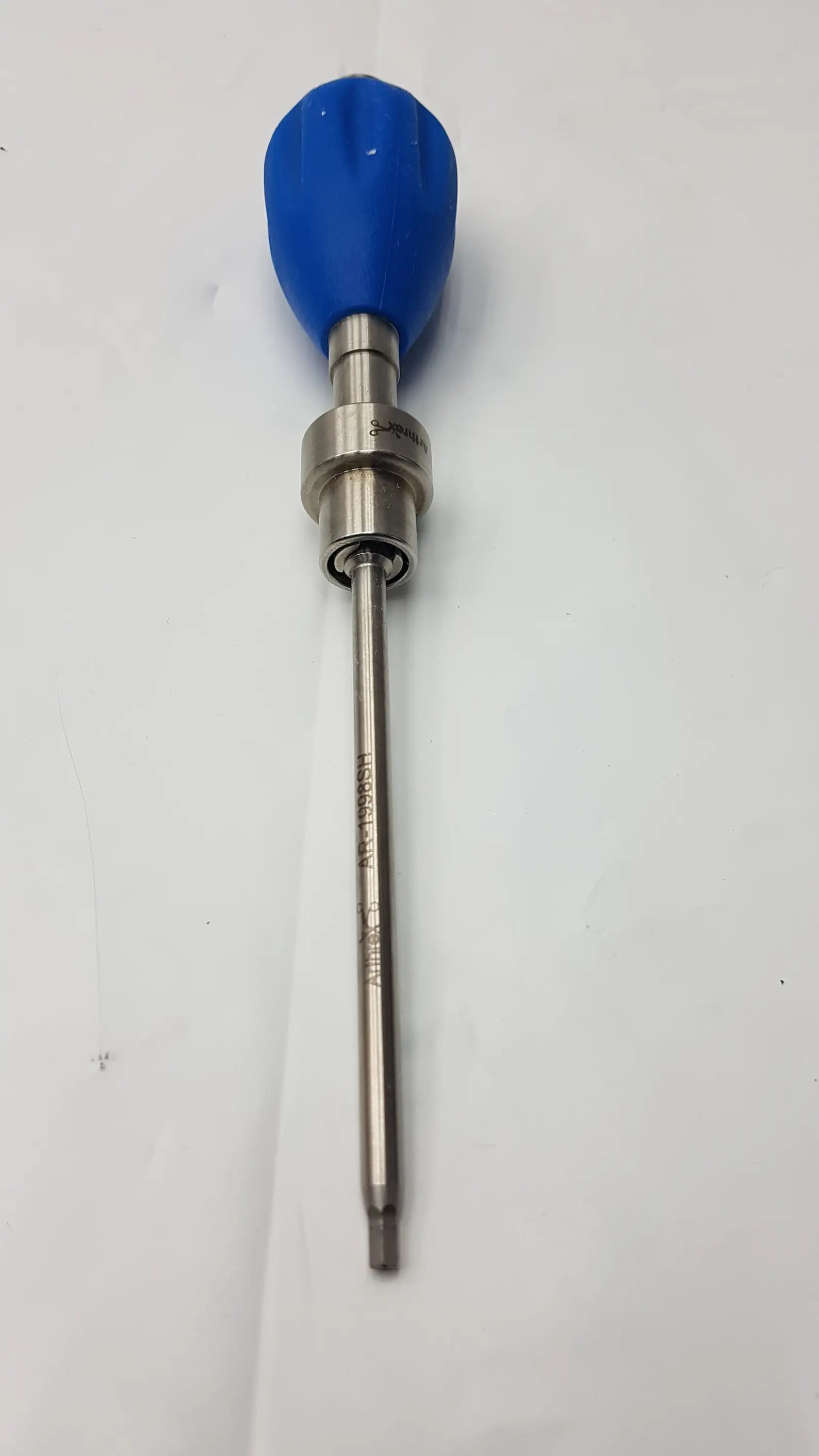Blue ergonomic Arthrex AR-2001BT tear drop handle with engraved markings on stainless steel surgical instrument