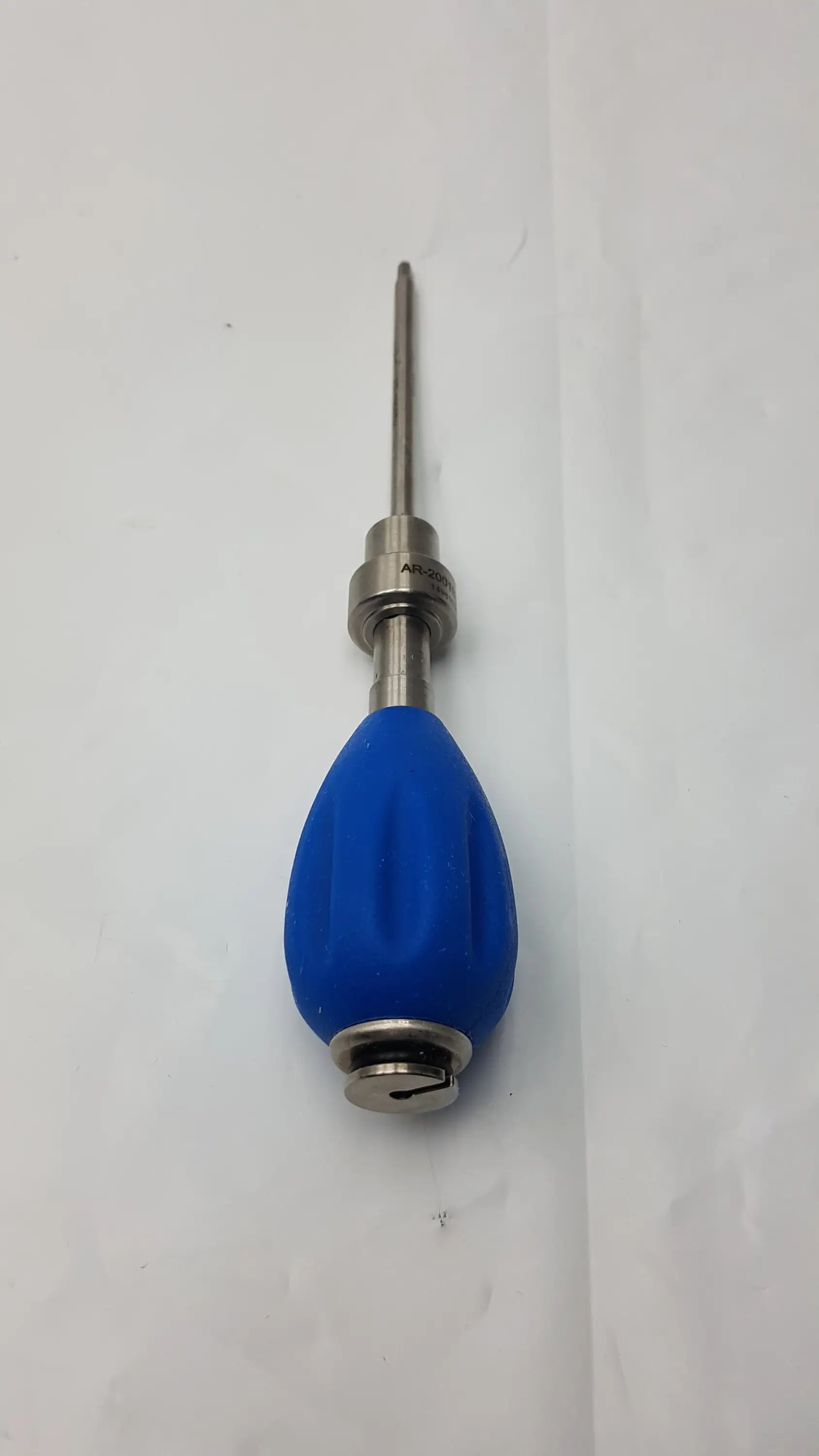 Arthrex AR-2001BT tear drop handle surgical drill bit with blue silicone handle metallic shaft and threaded collar