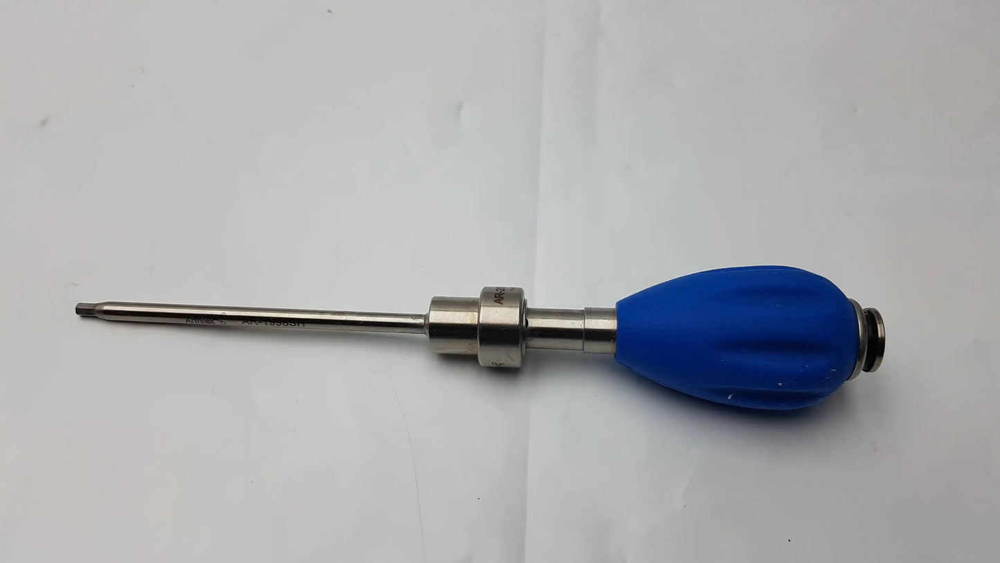 Blue rubber-handled surgical instrument with metallic shaft and tip featuring arthrex ar-2001bt tear drop handle design