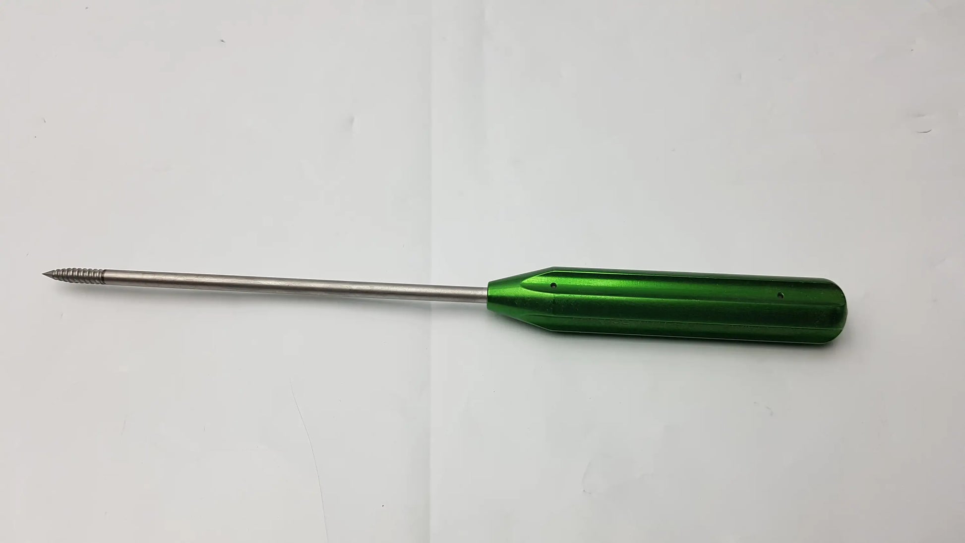 Green-handled metallic punch tap with threaded tip for 4.75mm arthrex swivelock anchor systems