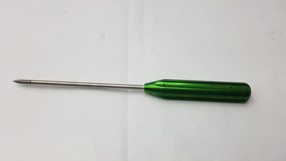 Green-handled metallic punch tap with threaded tip for 4.75mm arthrex swivelock anchor systems