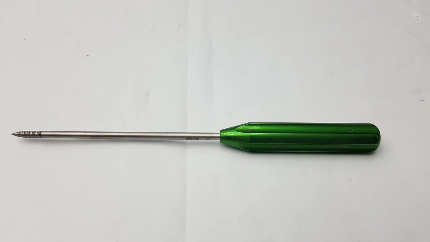 Green-handled metallic punch tap with threaded tip for arthrex ar-2324ptb swivelock anchor systems use