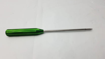 Green-handled metallic punch tap with threaded tip for arthrex swivelock anchor systems 4.75mm use