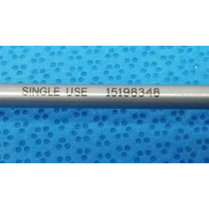 A metallic arthrex single use obturator orthopedic surgical instrument with engraved text 15198348 for single use