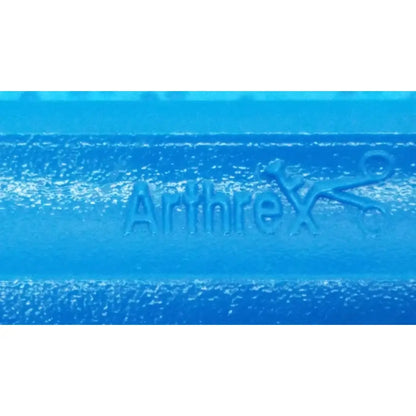 Blue arthrex logo with embossed lettering and scissors icon on an orthopedic surgical instrument for arthrex single use
