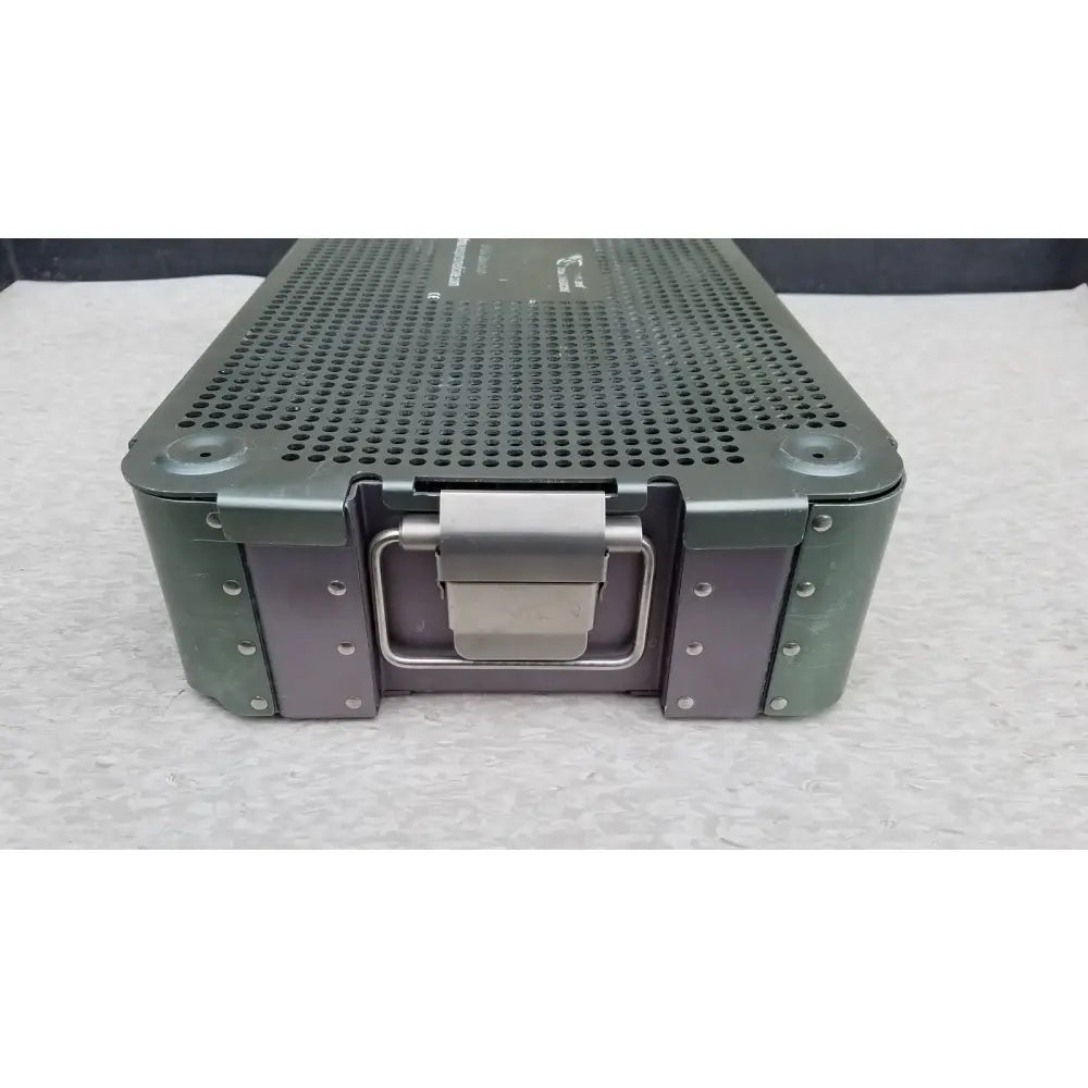 Dark green rugged metal sterilization tray case with perforated top and silver latch from autocuff opus collection