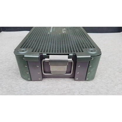 Dark green rugged metal sterilization tray case with perforated top and silver latch from autocuff opus collection