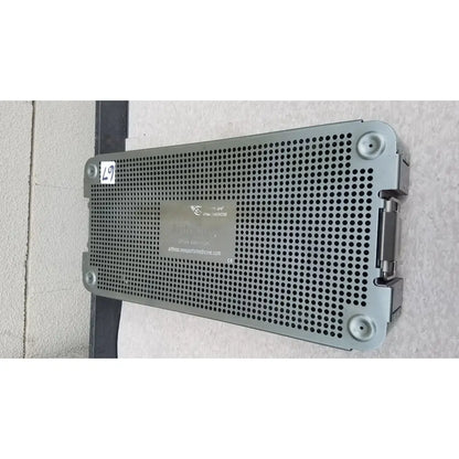 Gray perforated metal autocuff opus collection sterilization tray with hinged lid and corner latches for surgical instruments
