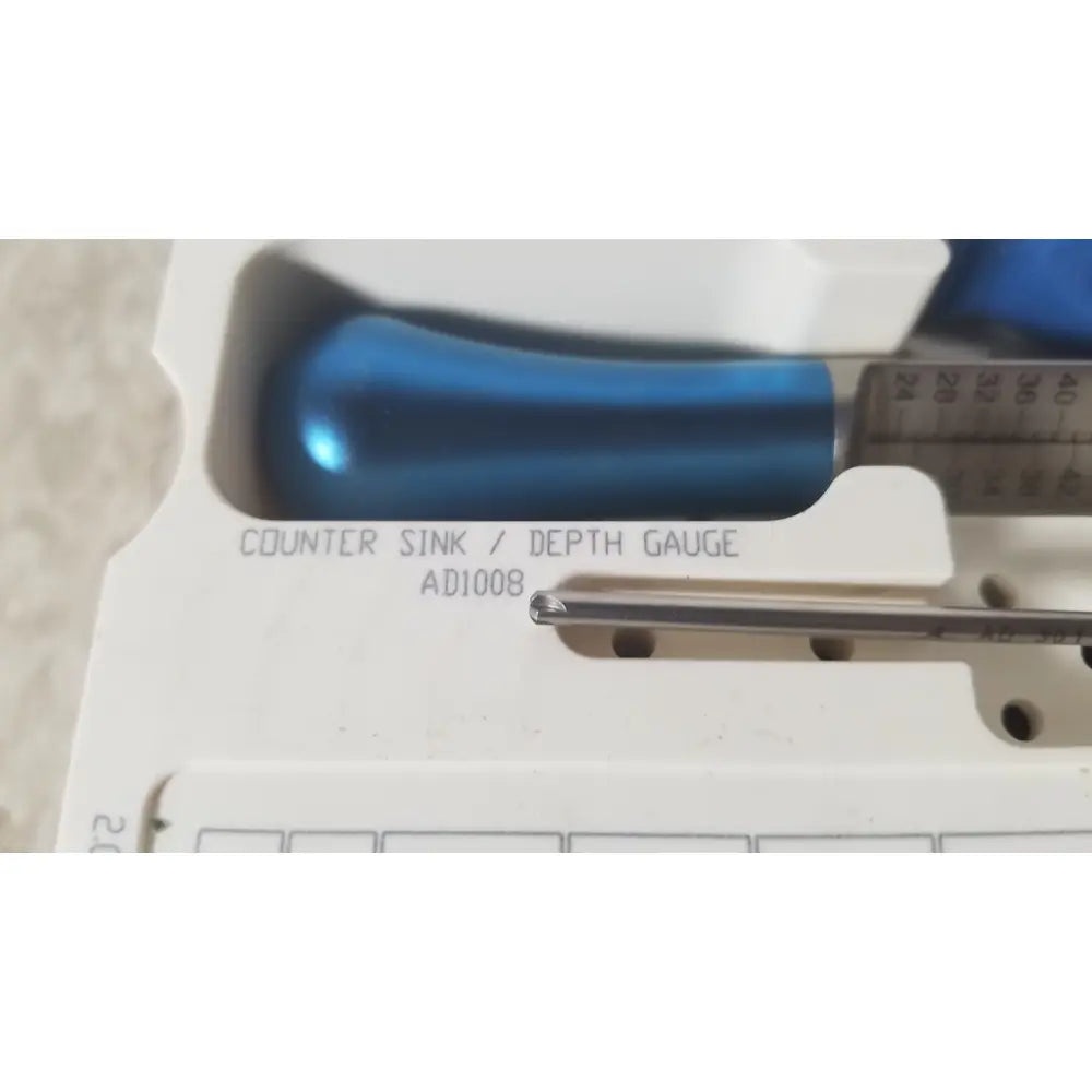 Blue-handled metallic tip counter sink depth gauge ascension ref csa-5001-001 capture screws instrument shaft