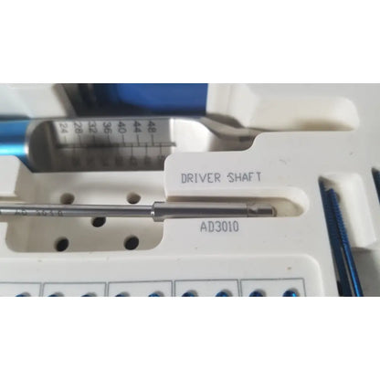 Silver metallic driver shaft model ad3010 in white tray with measurements for ascension ref csa-5001-001 capture screws